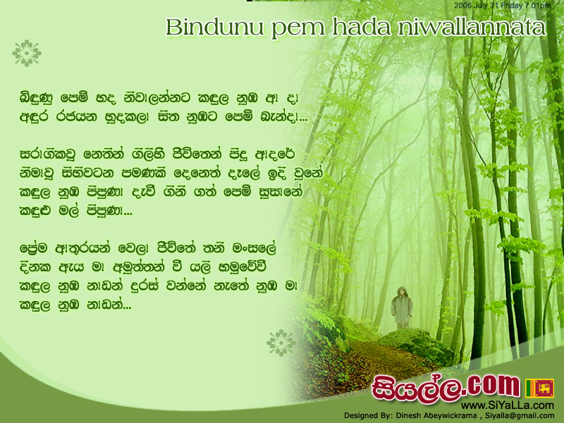 Bindunu Pem Hada Niwa Lannata Song Lyrics by Gunadasa Kapuge