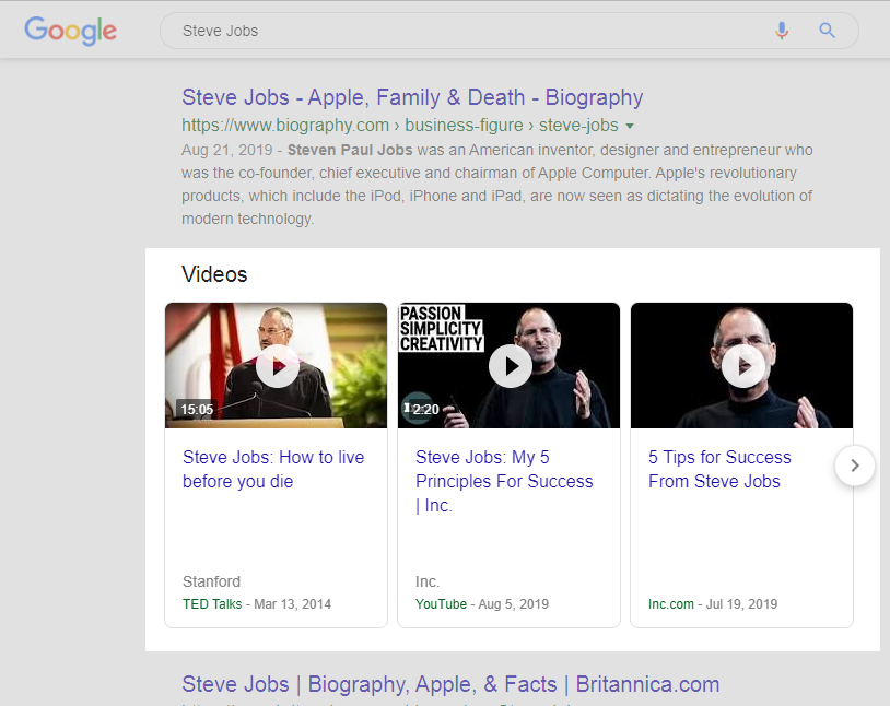 YouTube videos in Google Search Result